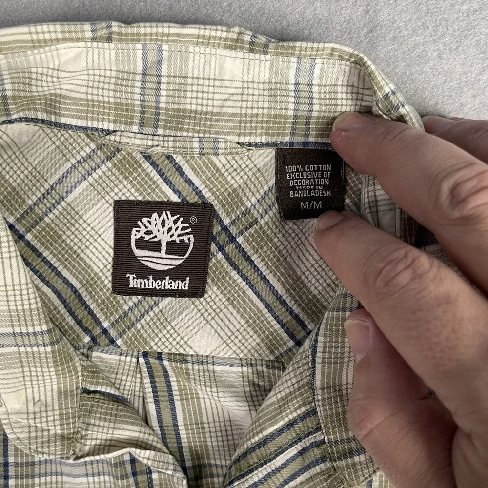 Timberland Casual Button Front Shirt Men Medium Beige Plaid Long Sleeve‎